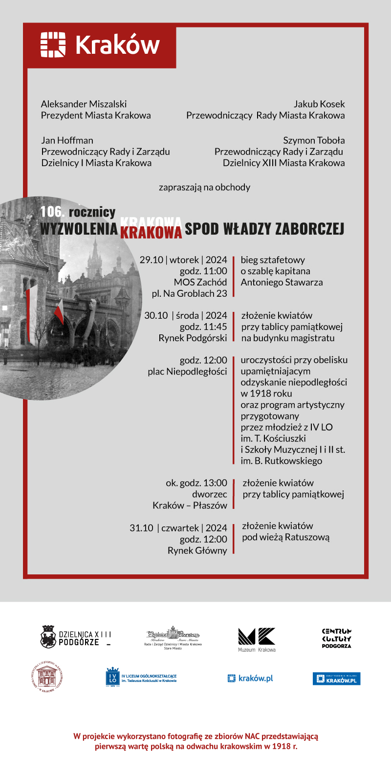 plakat Kraków uczci 106. rocznicę wyzwolenia spod władzy zaborczej